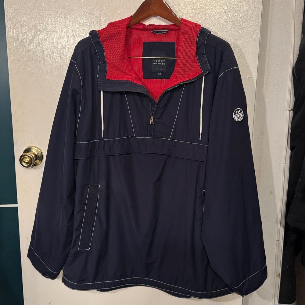 Y2K AWESOME Tommy Hilfiger Navy Windbreaker Lots of Pockets Red Mesh Lined